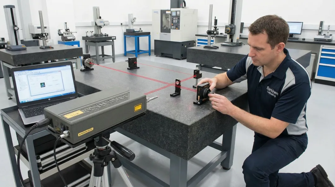 Sarkinen Calibrating technician performing on-site surface plate flatness verification inspection