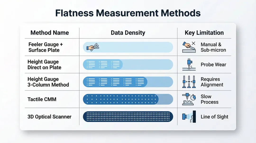 Five flatness measurement tools comparison chart showing data density and key limitations