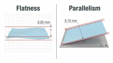 Side-by-side diagram comparing flat surface versus tilted surface flatness and parallelism