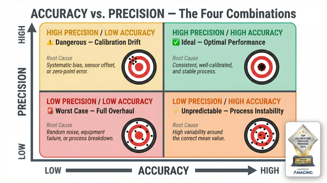 Four measurement system combinations accuracy precision matrix with root causes and fixes