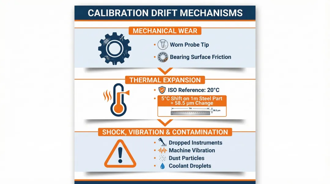 Three equipment degradation mechanisms causing calibration drift in precision measurement tools
