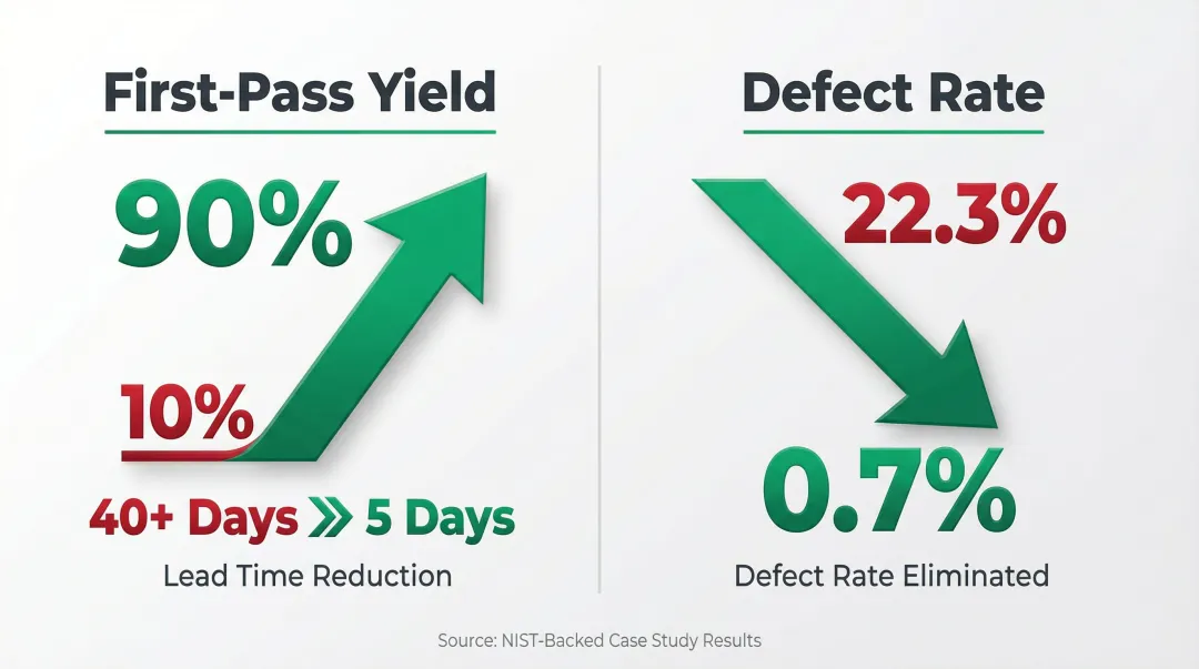 Manufacturing training quality improvement showing first-pass yield and defect rate statistics