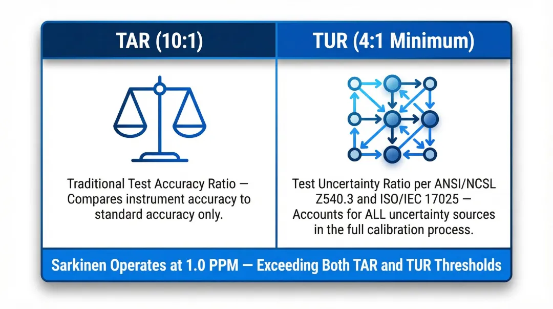 TAR 10-to-1 versus TUR 4-to-1 calibration accuracy ratio comparison infographic
