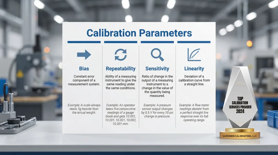 Four calibration parameters comparison table bias repeatability sensitivity and linearity