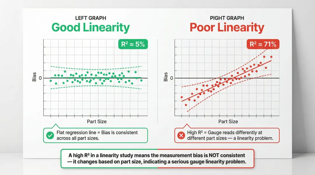 Linearity regression analysis graph showing low R-squared versus high R-squared bias patterns