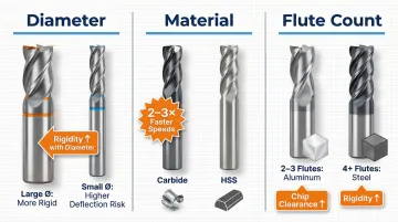 Milling tool selection guide comparing end mill diameter flutes and material type