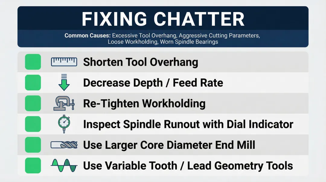 Milling chatter troubleshooting checklist six corrective actions and causes diagram
