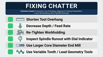 Milling chatter troubleshooting checklist six corrective actions and causes diagram