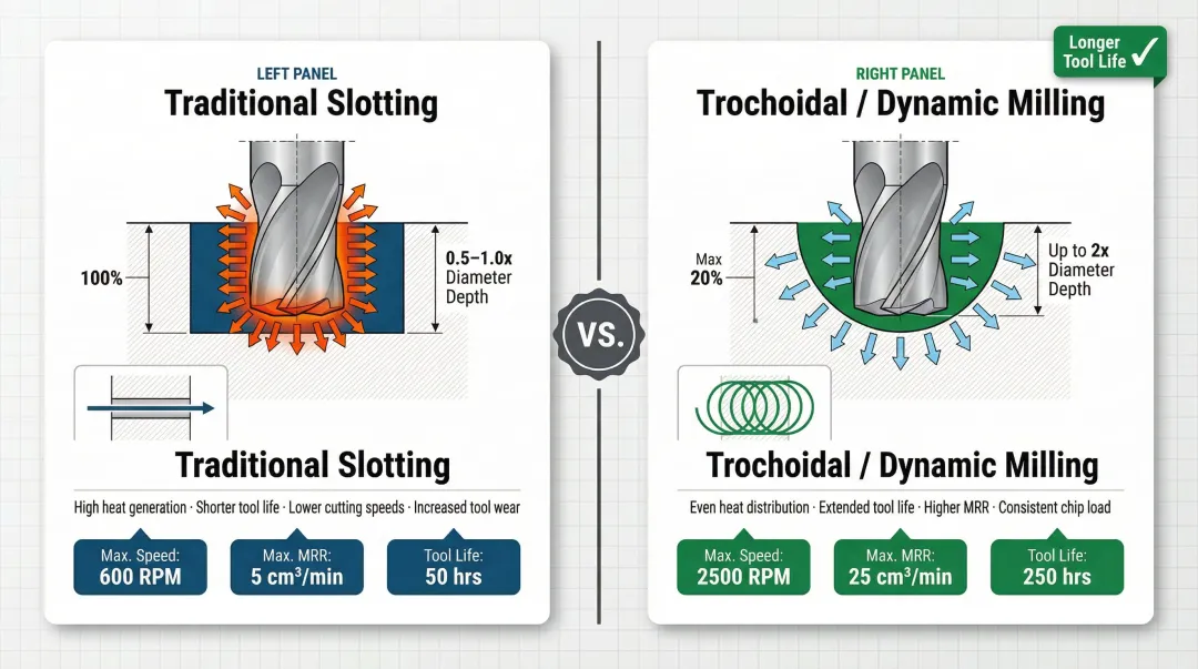 Traditional slotting versus trochoidal dynamic milling depth of cut comparison diagram