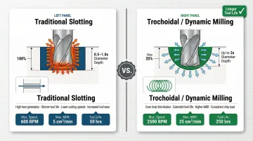 Traditional slotting versus trochoidal dynamic milling depth of cut comparison diagram