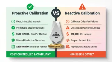Proactive versus reactive calibration cost and outcome comparison infographic