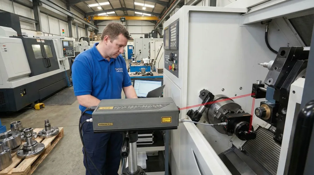 Sarkinen Calibrating technician performing laser interferometer linear axis calibration on CNC machine
