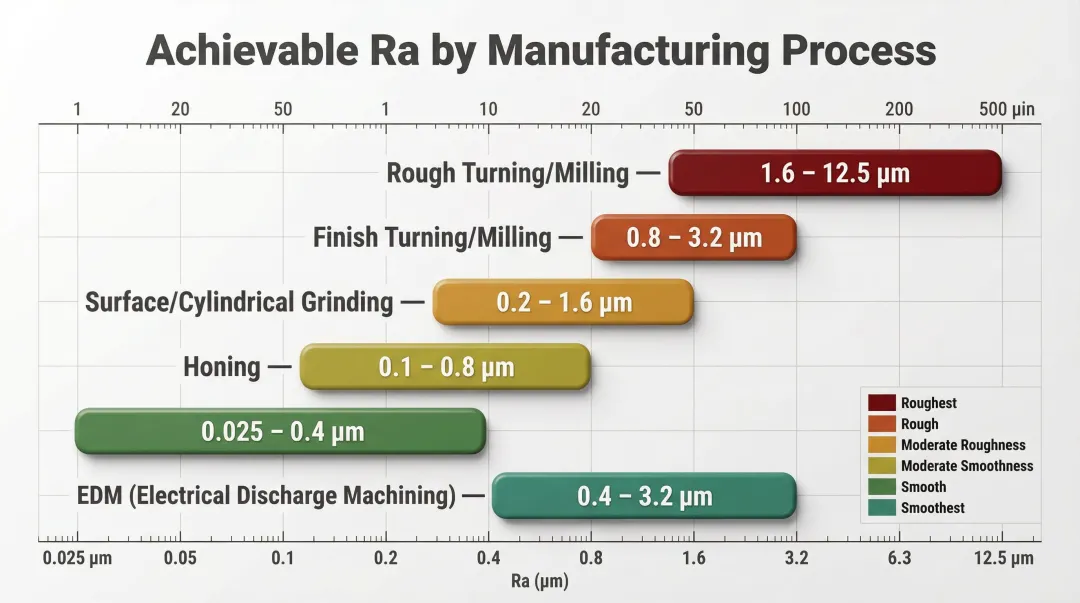 Surface finish Ra range by manufacturing process comparison chart micrometers