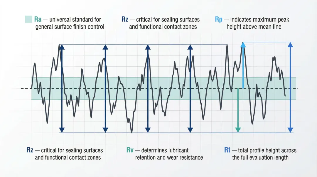 Surface roughness parameters Ra Rz Rp Rv Rt comparison profile diagram