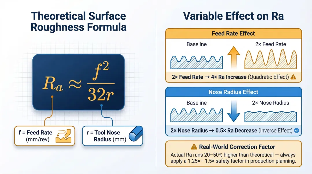 Turning surface roughness formula feed rate and nose radius effect infographic