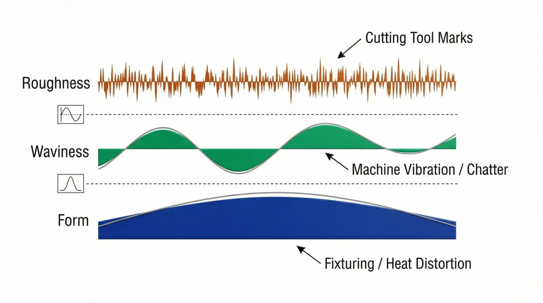 Three surface texture layers roughness waviness and form stacked diagram