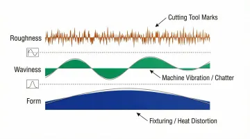 Three surface texture layers roughness waviness and form stacked diagram