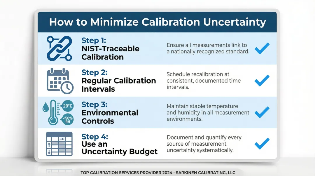 Four-step calibration uncertainty minimization strategy checklist for manufacturers infographic
