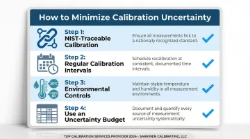 Four-step calibration uncertainty minimization strategy checklist for manufacturers infographic