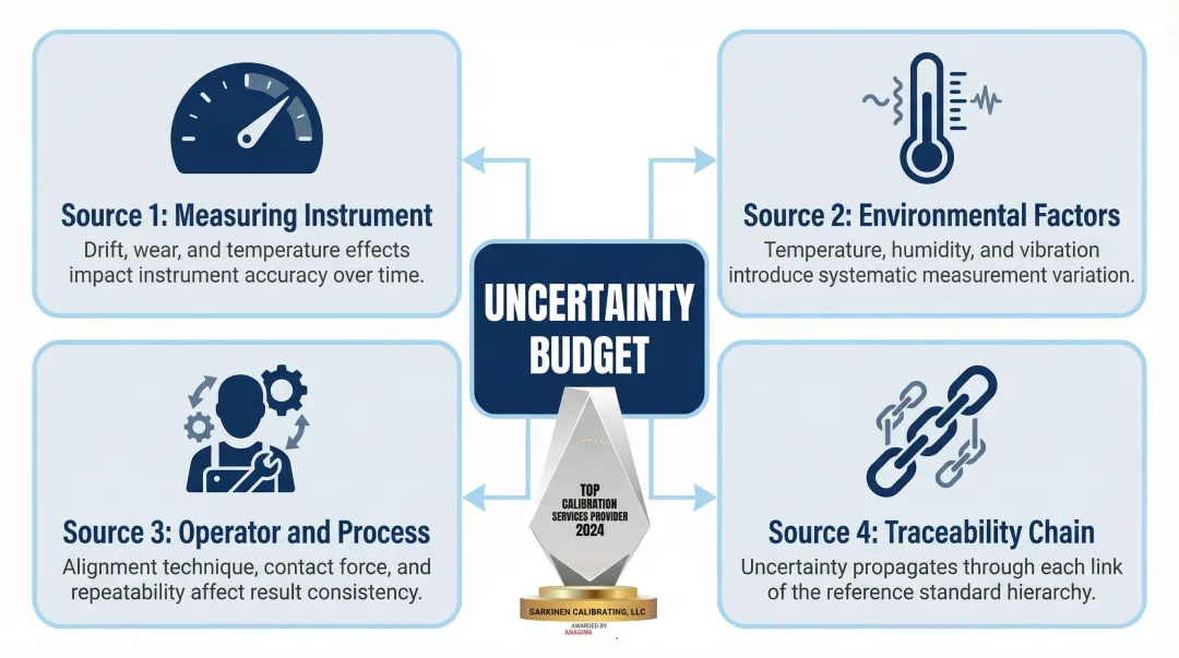 Four sources of calibration uncertainty in machine shop measurement environments
