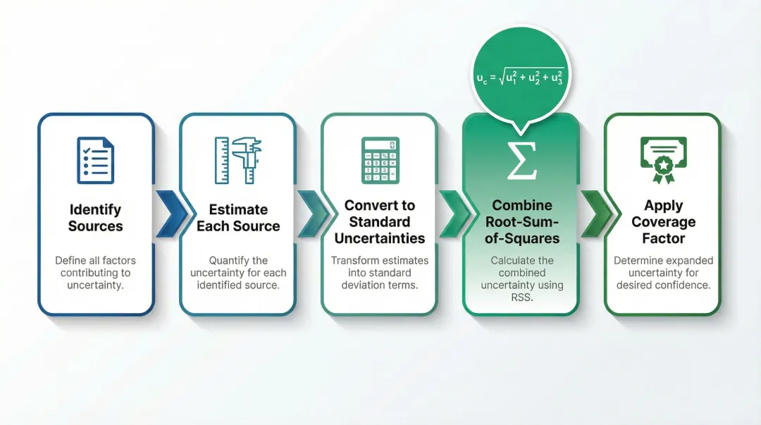 5-step GUM framework calibration uncertainty calculation process flow infographic