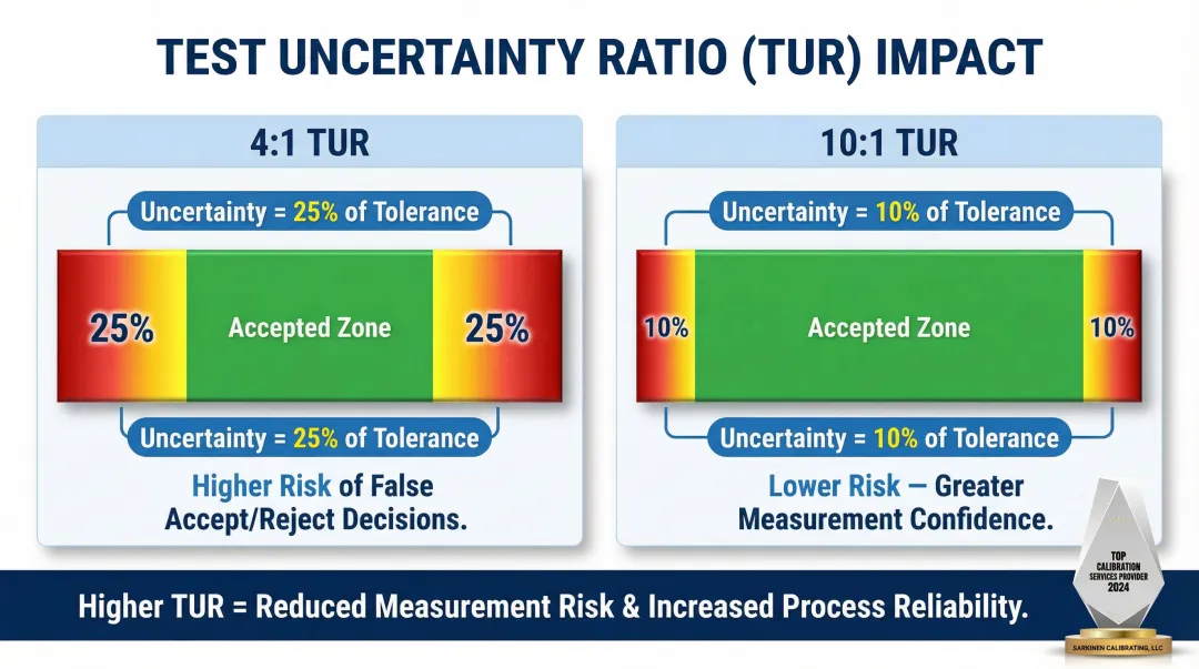 Test uncertainty ratio 4-to-1 versus 10-to-1 accuracy comparison for calibration confidence