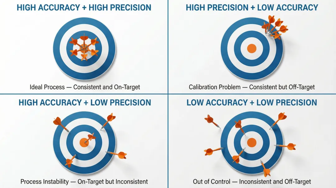 Four accuracy and precision combinations dartboard diagram for manufacturing quality