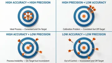 Four accuracy and precision combinations dartboard diagram for manufacturing quality