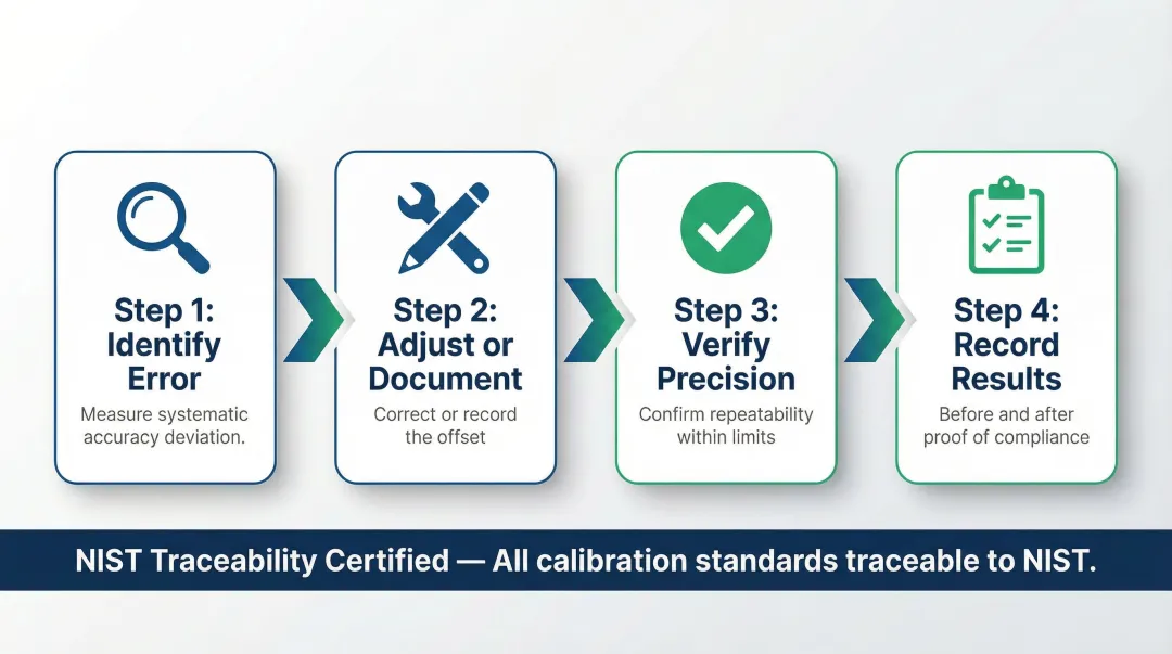 4-step professional calibration process flow from error identification to documentation
