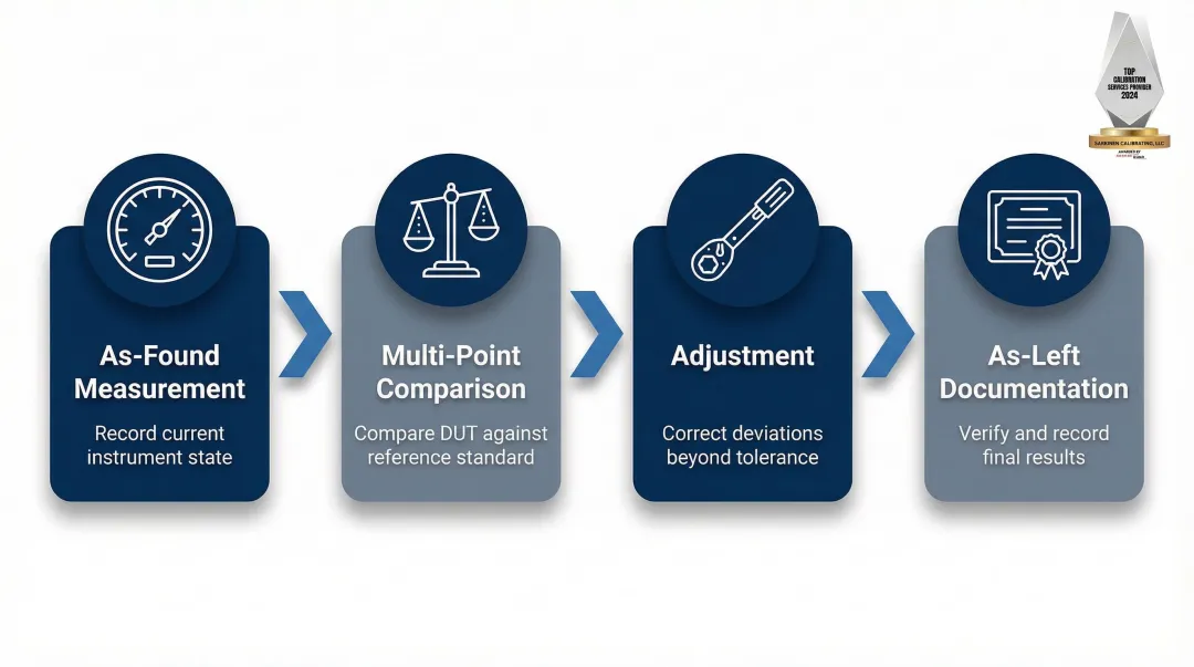 4-step CNC calibration process from as-found measurement to as-left documentation
