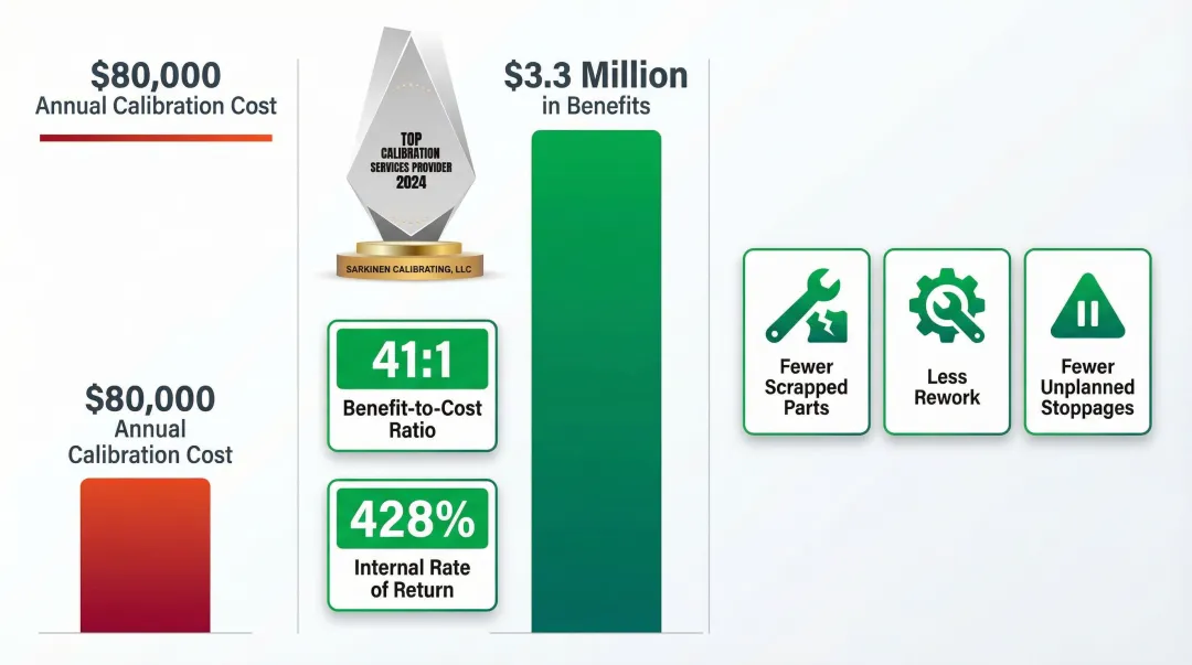 Calibration ROI comparison showing 41-to-1 benefit-to-cost ratio and 428 percent return