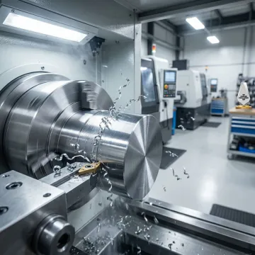 Precision CNC metal turning machine in operation creating cylindrical metal component