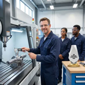 Instructor demonstrating CNC calibration techniques to technician trainees in workshop