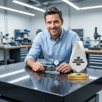 Technician performing precision granite surface plate calibration with measurement equipment