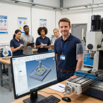 Professional instructor teaching CAD CAM software operation on CNC milling machine