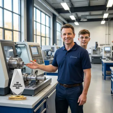 CNC training instructor demonstrating machine operation to technician student