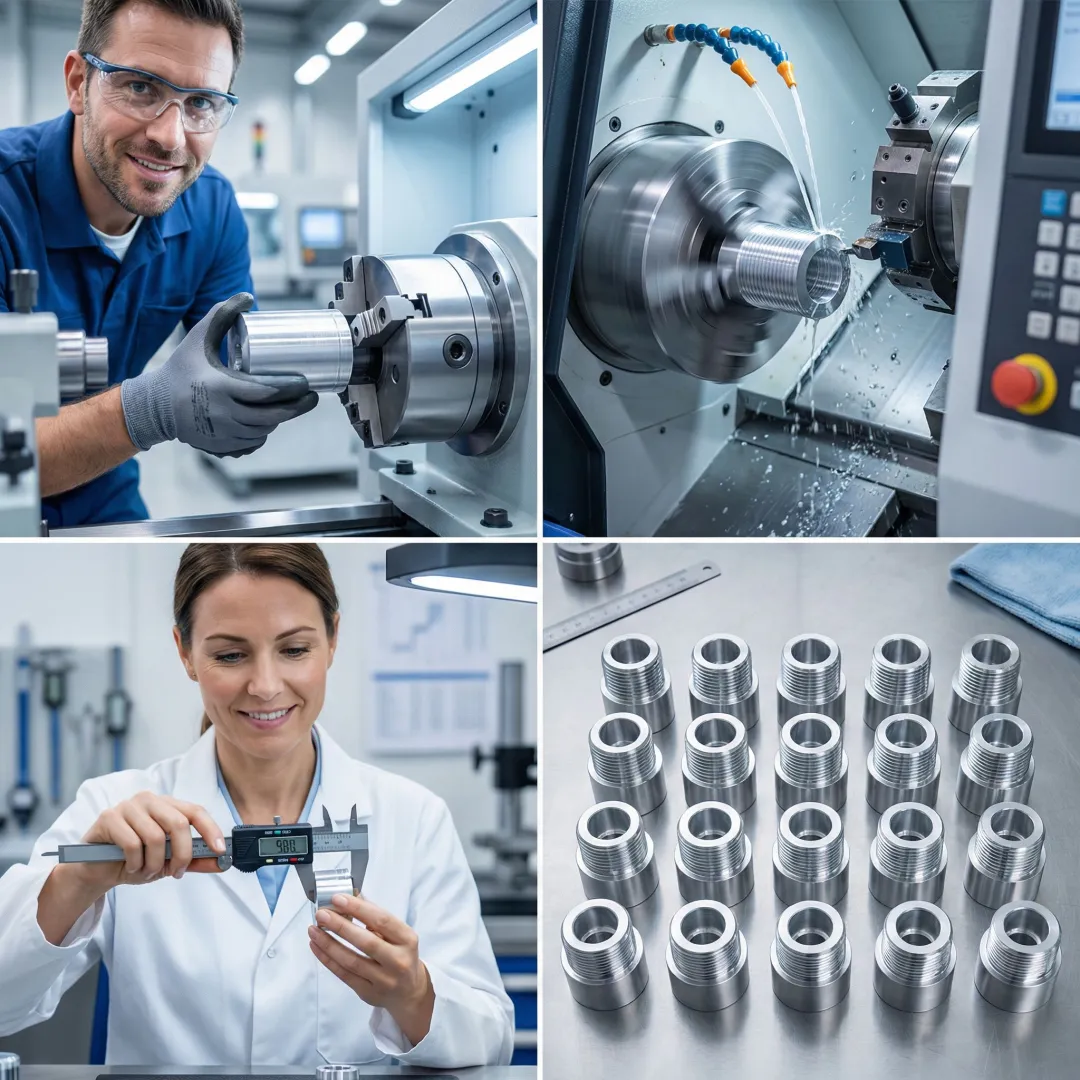 CNC turning process showing machining setup, measurement tools, and finished precision components