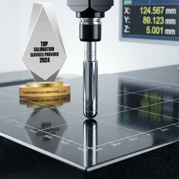 Close-up of precision measurement probe verifying granite surface plate flatness