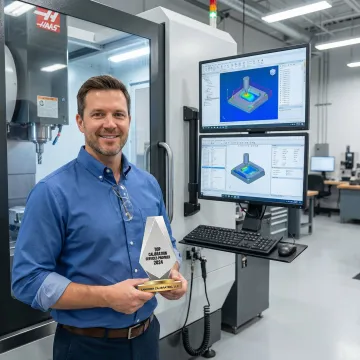 Instructor demonstrating 5-axis CNC programming techniques on modern machining center