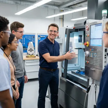 Students learning CNC milling machine operation in educational training environment