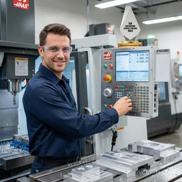 Professional CNC machinist operating precision milling machine during certification training course