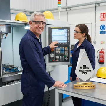Technical trainer working with machinist at CNC control panel during hands-on training session