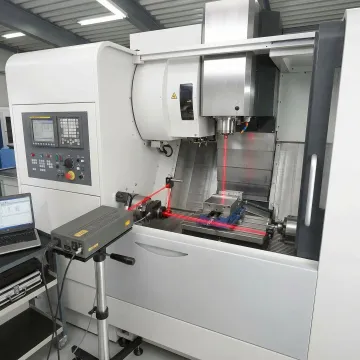 CNC machine undergoing precision laser calibration with measurement equipment