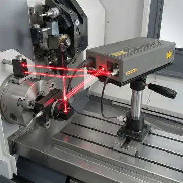 CNC machine undergoing precision laser calibration with Renishaw interferometer equipment