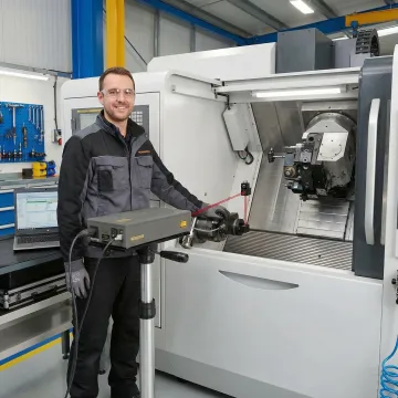 Precision laser interferometer calibrating CNC machine in manufacturing facility