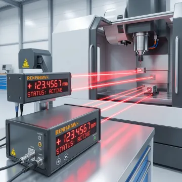 Precision laser interferometer measuring CNC machine axis accuracy in manufacturing facility