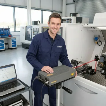 Precision calibration technician using laser interferometer on CNC machine tool
