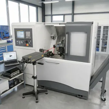 Precision CNC turning center with calibration equipment performing accuracy verification
