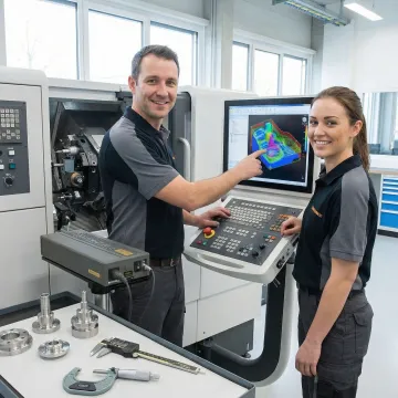 Instructor demonstrating CAM software programming at CNC machine control panel