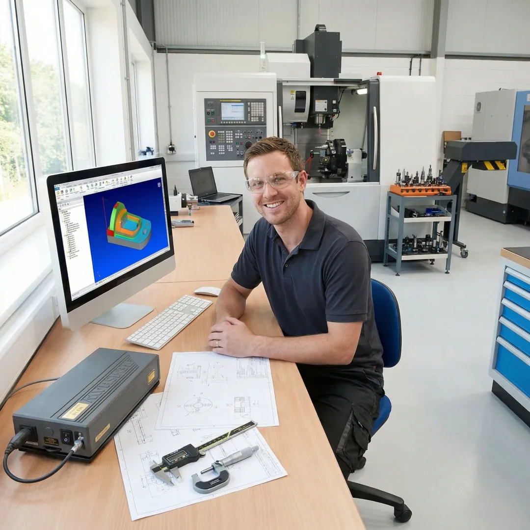 CNC machinist reviewing CAD design on computer screen next to precision milling machine